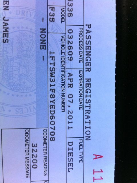2004 Ford F-250 - Vehicle registration document with VIN 1FTFW31F8YED60708 and odometer reading 32200.
