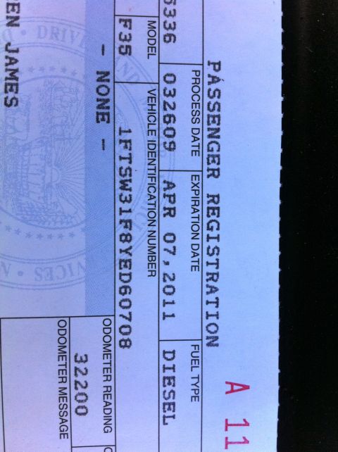 2004 Ford F-250 - This is a passenger registration document showing vehicle information and odometer reading.