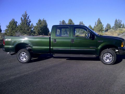 2004 Ford F-250 - Side view of a green 2004 Ford F-250 crew cab pickup truck parked outdoors.
