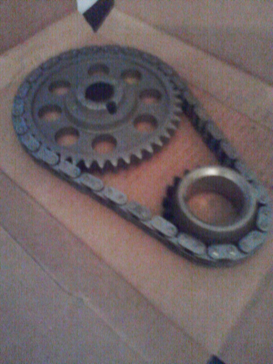 Timing chain and gears laid out on a surface