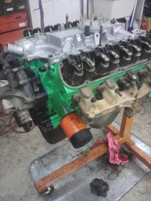 1989 Ford Bronco - Engine block with oil filter mounted, undergoing service on an engine stand.