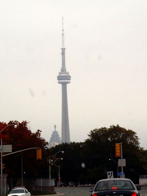 1999 Ford Crown Victoria - The CN Tower dominates the skyline on an overcast day, with trees and traffic lights visible below.