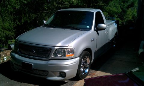 2002 Ford F-150 - A silver 2002 Ford F-150 Lightning is parked in front of some trees.