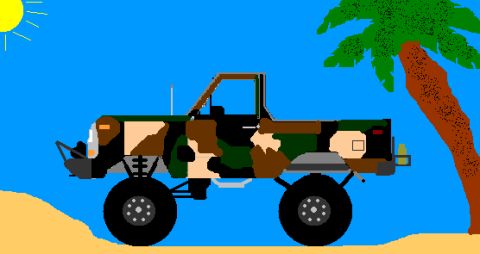1979 Ford Bronco - A cartoon monster truck with camouflage paint is parked on a beach next to a palm tree under a bright sun.