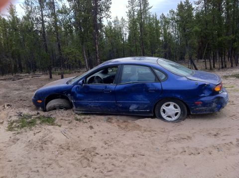 1986 Ford F-150 - A blue sedan is stuck in deep sand with its front wheel submerged, surrounded by trees.