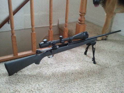 1985 Ford F-150 - A rifle with a scope and bipod is positioned on a carpeted floor near a wooden staircase. A dog is visible in the background.