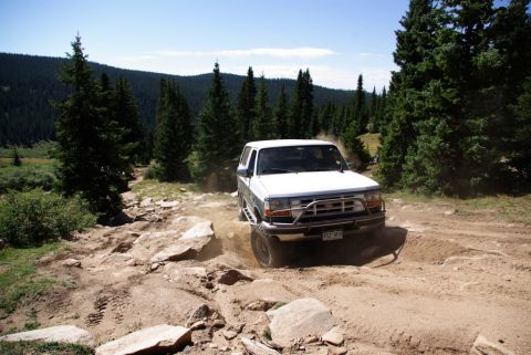 1996 Ford Bronco - This 1992 Ford Bronco navigates a challenging off-road path surrounded by pine trees and rocky terrain.
