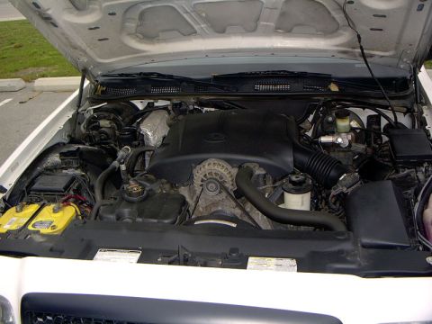 1999 Ford Crown Victoria - The engine bay of a white 2003 Ford Crown Victoria is visible with the hood raised.