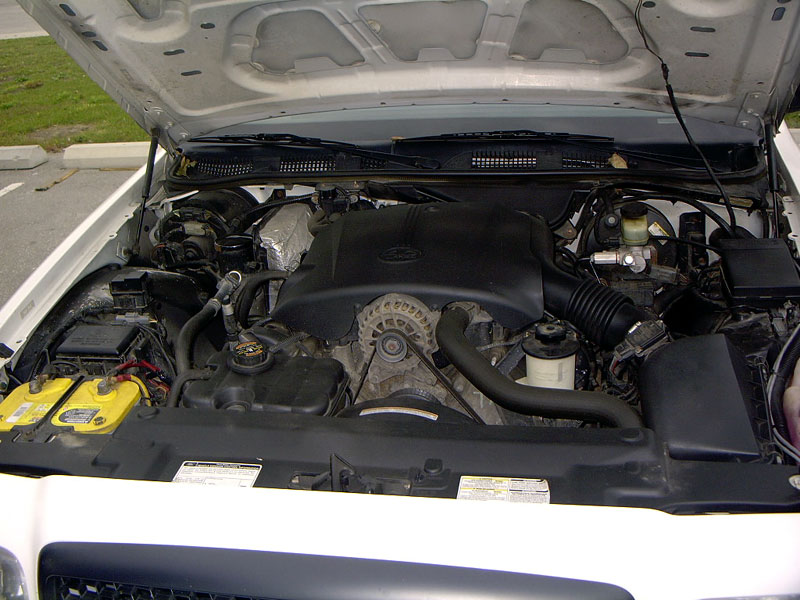 White 2003 Ford Crown Victoria engine bay with hood open, showing V8 engine, batteries, and hoses