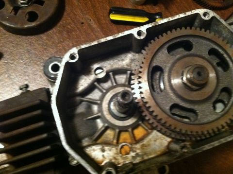 1981 Garelli Rally Sport - Internal gears of a motorcycle engine are visible, along with a screwdriver and other parts on a wooden surface.