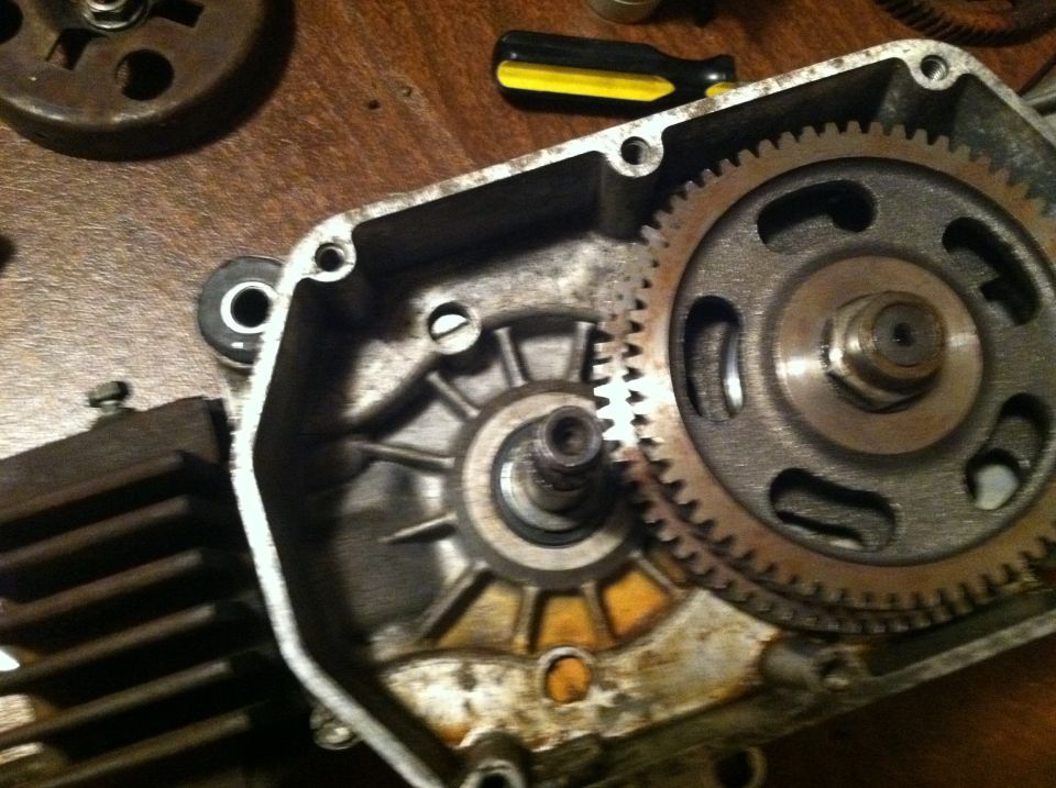 Close-up of internal gears within a motorcycle engine casing, with a screwdriver in the background