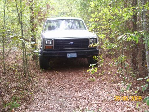 1983 Ford Bronco - A 1983 Ford Bronco navigates a dirt path surrounded by trees.