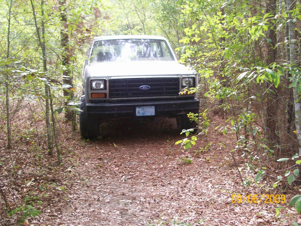 Ford Bronco driving on a dirt path through trees