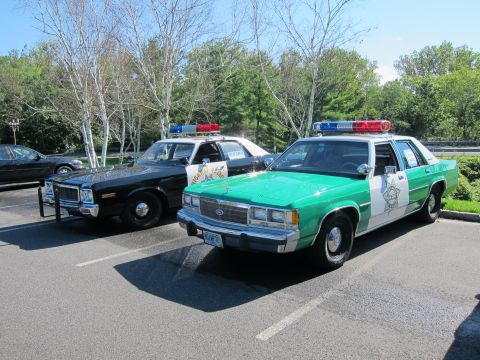 1991 Ford LTD Crown Victoria - green and white Ford police sedan and a black police cruiser sit parked side by side in a lot beside trees.
