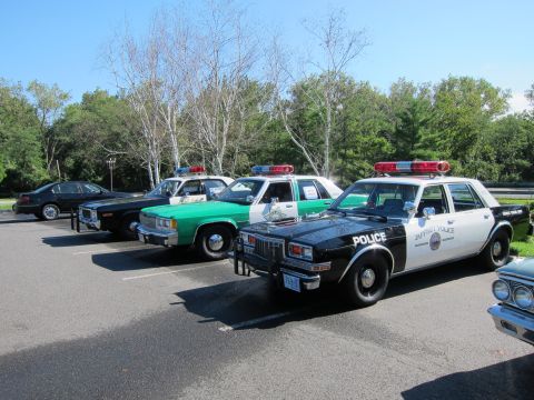 1991 Ford LTD Crown Victoria - row of restored police cars, including green and black cruisers with roof lightbars, parked together at an outdoor show.