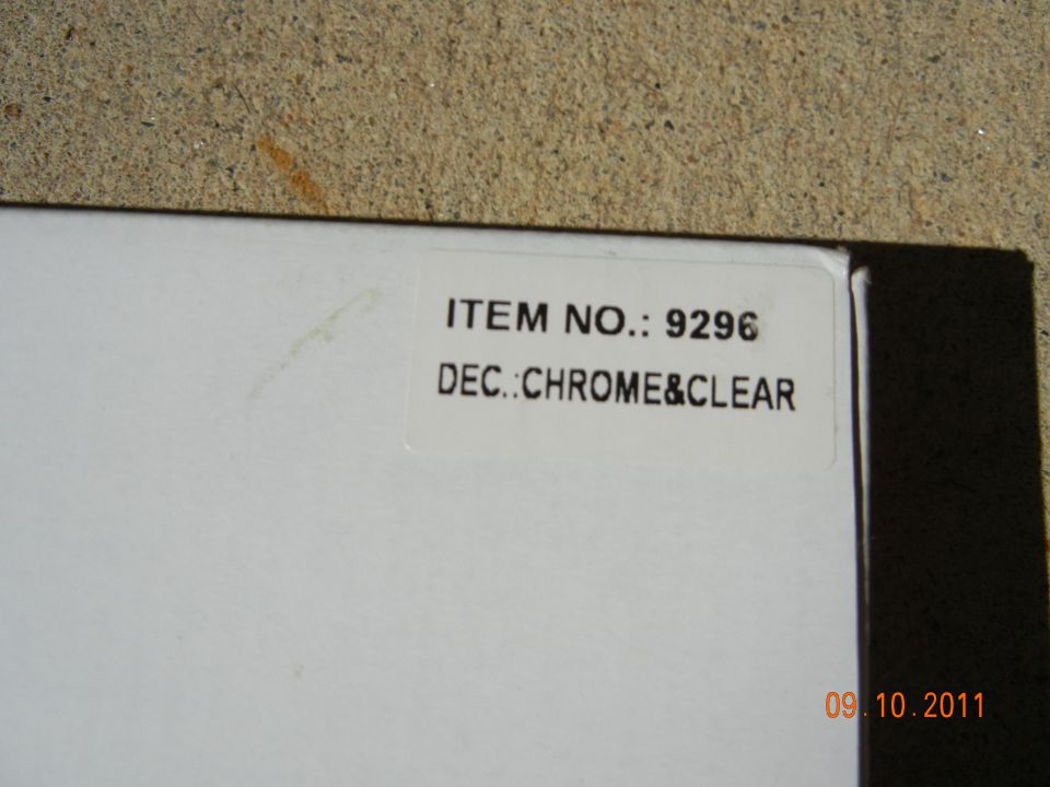 Label reads ITEM NO.: 9296 DEC.: CHROME&CLEAR. Date stamp 09.10.2011
