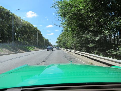 1991 Ford LTD Crown Victoria - View over a bright green car hood down a tree-lined multi-lane parkway with light traffic ahead under a blue sky.