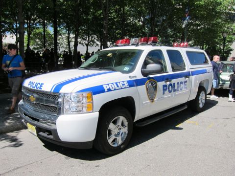 1991 Ford LTD Crown Victoria - white-and-blue Chevrolet crew-cab police pickup with a roof light bar and bed cap parked on a tree-lined street.