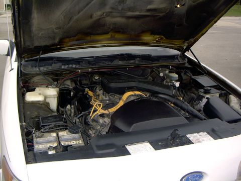 1999 Ford Crown Victoria - Engine bay of a 1999 Ford Crown Victoria, viewed from above with the hood raised.