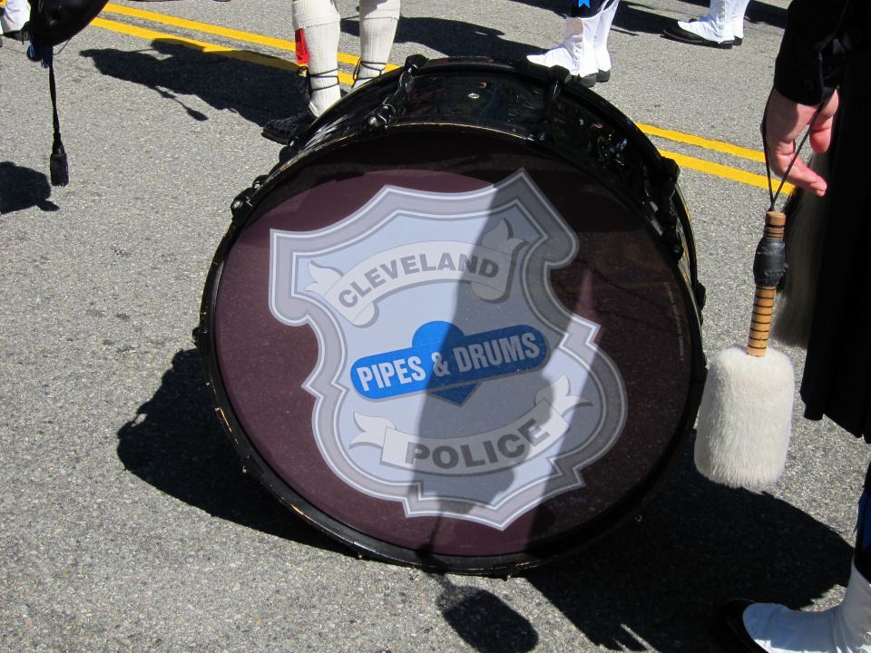 Cleveland Police Pipes and Drums bass drum carried in a parade