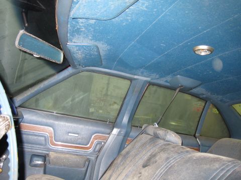 1991 Ford LTD Crown Victoria - Interior view of a vintage car, showing the blue door panel, rear seat, and headliner.