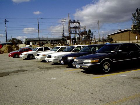 1999 Ford Crown Victoria - A line of sedans, including police cars, are parked in a lot under a cloudy sky.