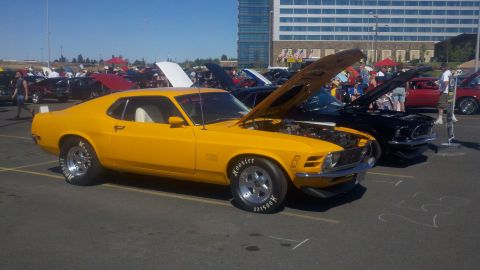 1978 Ford Mustang II - Yellow 1970 Ford Mustang Boss 302 at a car show, hood open, with other cars in background.