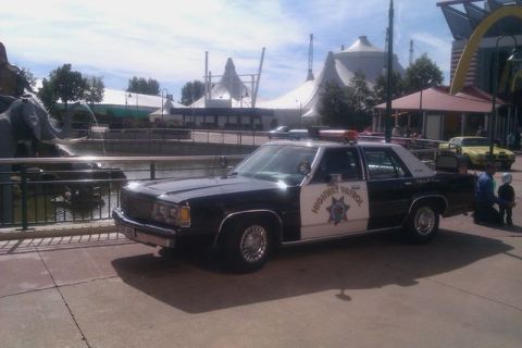 1991 Ford LTD Crown Victoria - A 1991 Ford Crown Victoria police car is parked next to a body of water with a yellow car in the background.