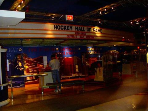 1999 Ford Crown Victoria - Interior view of the Hockey Hall of Fame, exhibits and signage.