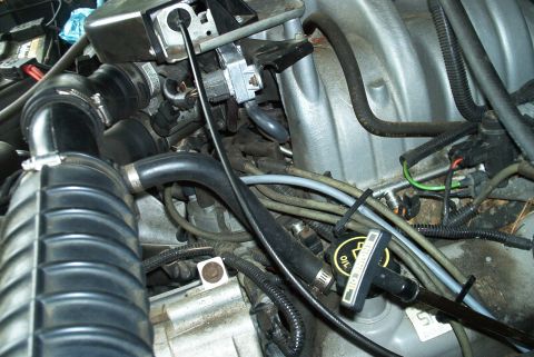 1996 Ford Bronco - Tight engine-bay view down the driver's side of a fuel-injected V8, showing the cast upper intake plenum, throttle body with cable bracket…