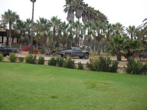 1986 Ford Bronco - A gray 1980s Ford Bronco is parked near palm trees with two people sitting on a ledge.