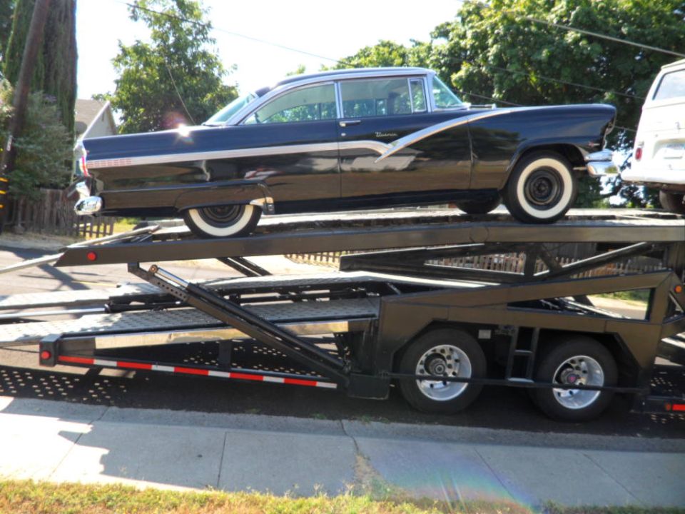 1956 Ford Fairlane on a car hauler trailer