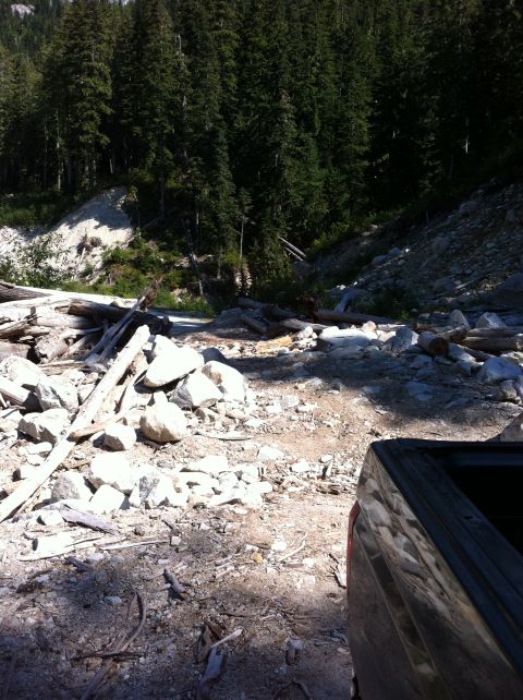 1990 Ford Bronco - A truck bed is visible on a rough, debris-strewn path in a forested mountain area.