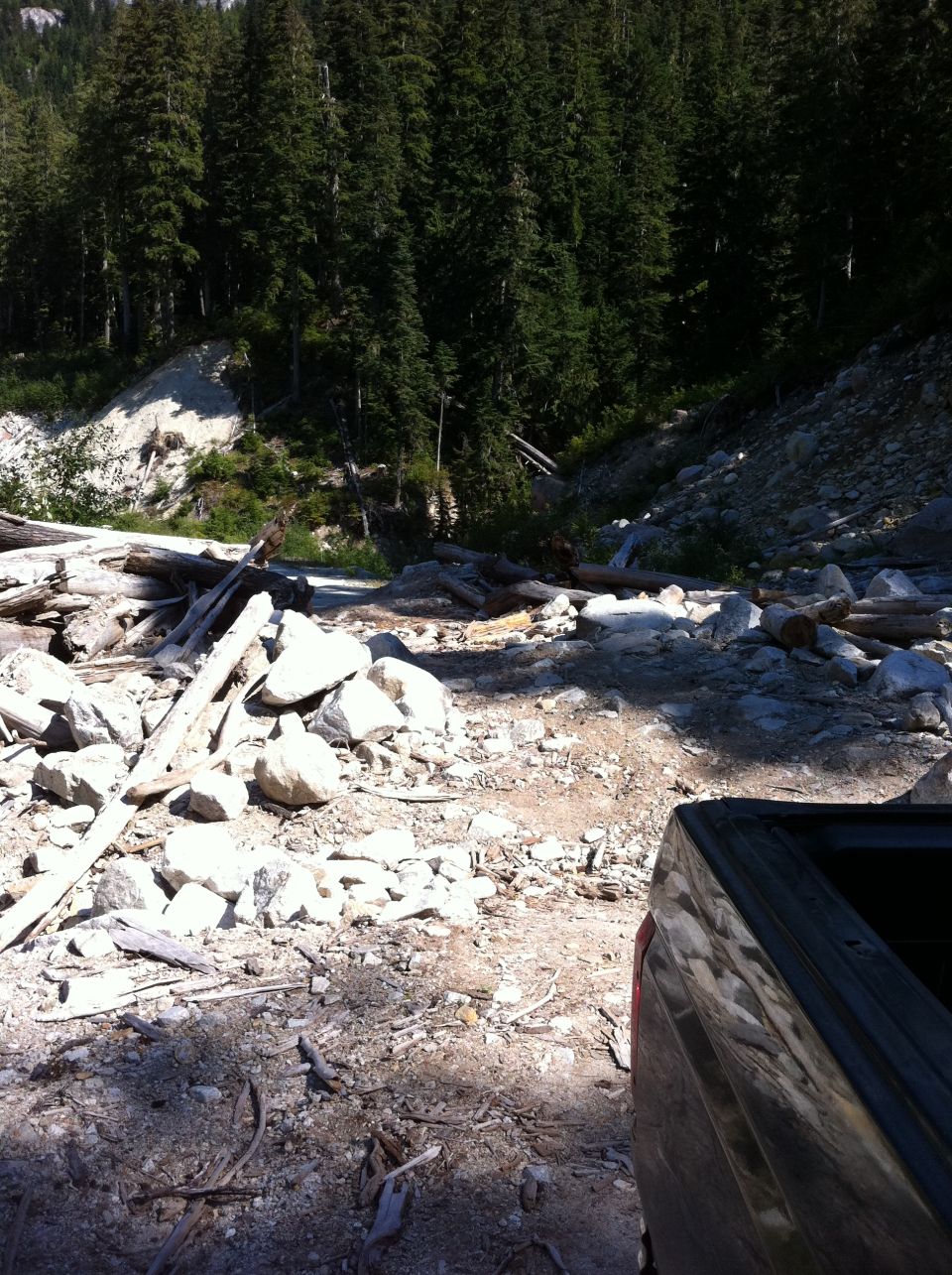 Truck bed edge, dark color, seen from above and behind, parked on a rocky, wooded trail