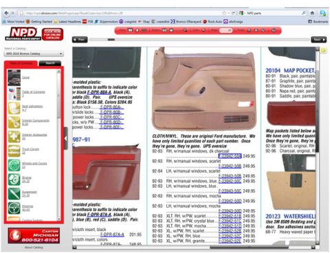 1994 Ford Bronco - NPD website shows a Ford Bronco door panel and a list of related parts for sale.