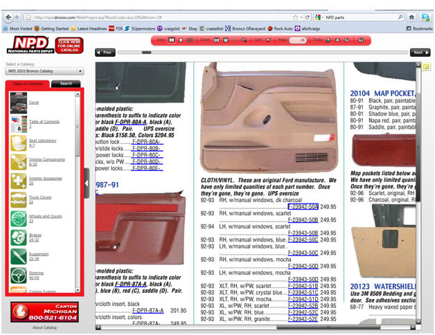 Ford Bronco door panel and parts list from NPD website