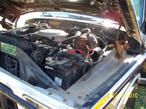 1979 Ford F-250 - The engine bay of a 1979 Ford F-250 shows the battery, radiator, and other engine components.