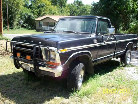 1979 Ford F-250 - A dark-colored Ford pickup truck photographed from a front three-quarter angle, parked on grass with a tubular brush/grille guard, chrome b…