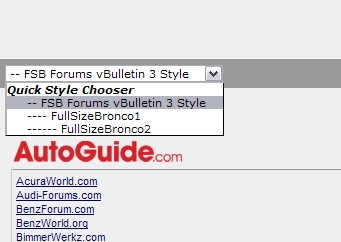 1986 Ford Bronco - Website screenshot shows a style chooser dropdown and links to various automotive forums.