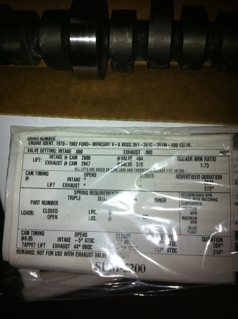 Camshaft and technical specification sheet for a Ford V-8 engine