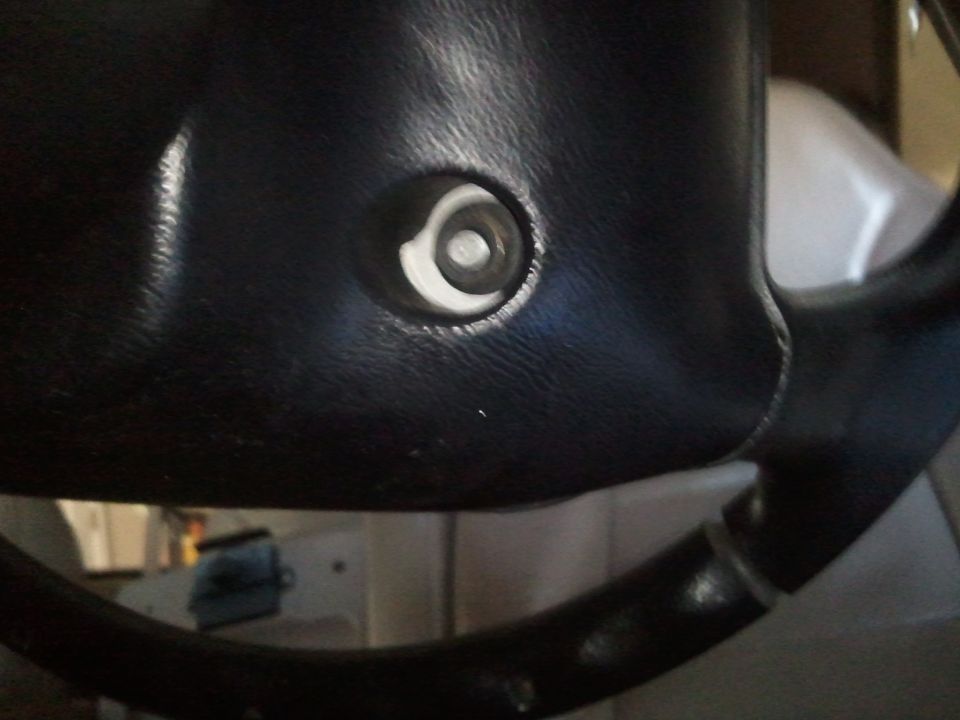 Close-up of steering wheel horn button with visible mechanism
