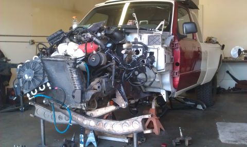 1992 Ford Ranger - This 1992 Ford Ranger is undergoing front-end work in a garage.