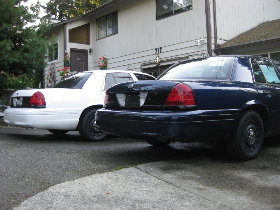 Rear view of blue 2003 Ford Crown Victoria next to white one
