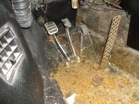 2000 Ford E350 - The floor of this vehicle's interior is covered in debris and shows the clutch, brake, and accelerator pedals.