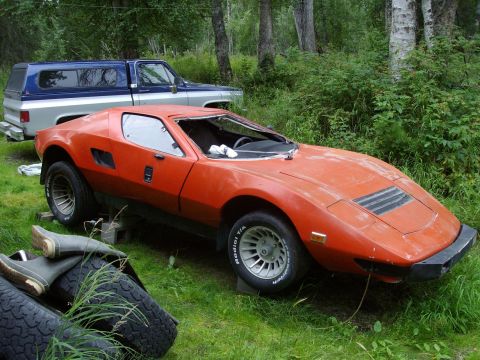 2000 Ford E350 - This orange sports car, possibly a kit car, sits in a grassy area with a blue pickup truck in the background.