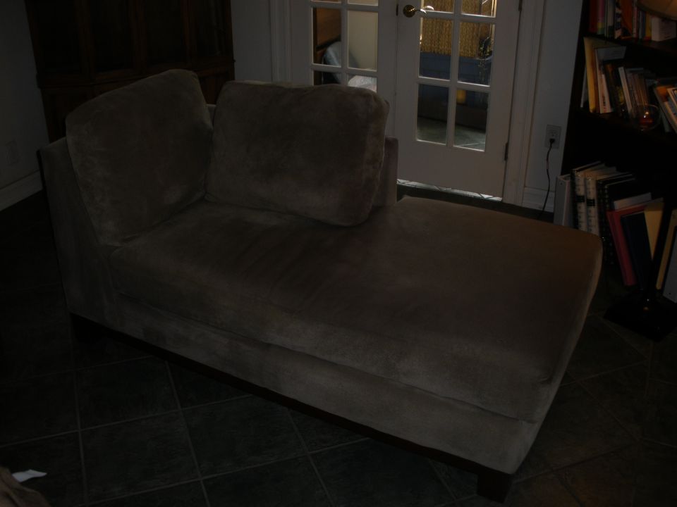 Brown chaise lounge in a room with a bookshelf and double doors