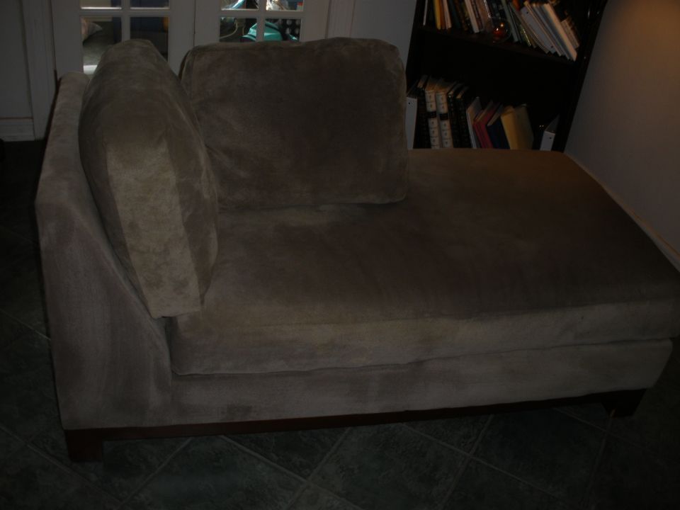 chaise lounge sofa with pillows in a room with a bookshelf