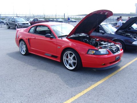 2007 Ford Mustang - A red Ford Mustang GT is parked with its hood open, alongside other vehicles at an outdoor event.