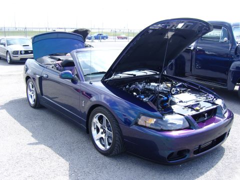 2007 Ford Mustang - Purple 2007 Ford Mustang convertible at a car show with its hood open.