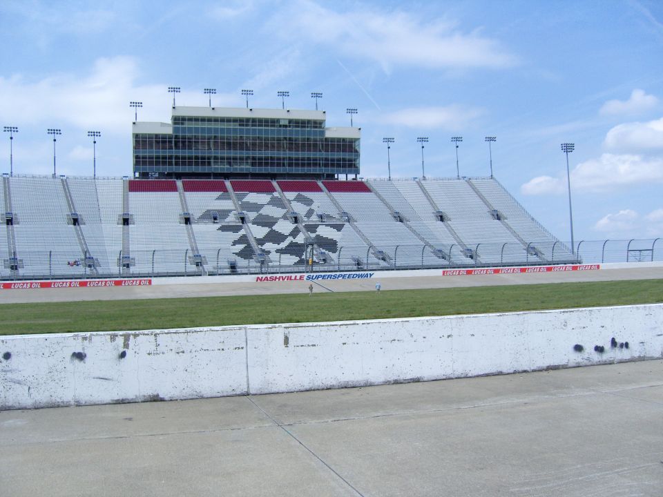 Nashville Superspeedway grandstands with checkered flag motif
